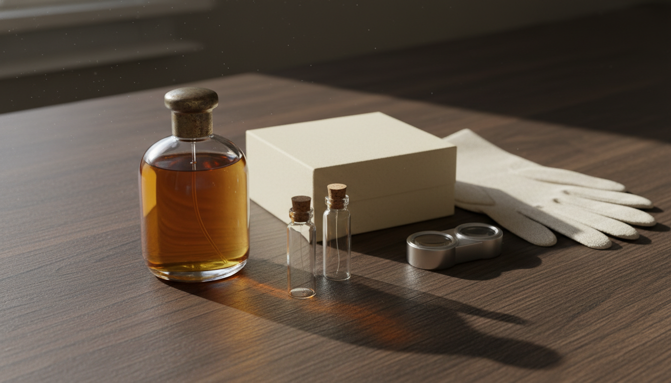 Coleção editorial de perfumes vintage: frasco de vidro âmbar antigo em destaque sobre mesa de madeira, com dois decants, caixa neutra, lupa e luva de algodão, luz natural suave