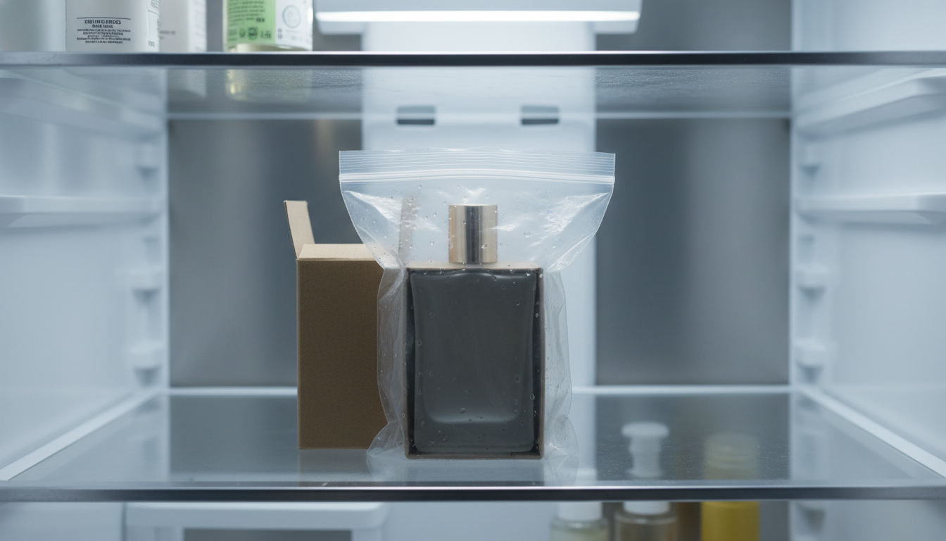 Frasco de perfume parcialmente visível na caixa original dentro de um saco plástico selável sobre a prateleira central de uma geladeira, com leve condensação no plástico.