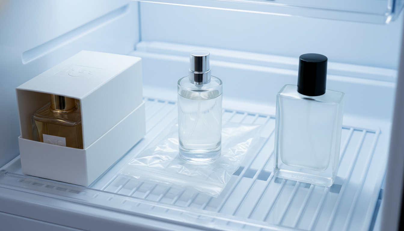 Gaveta de geladeira com três frascos de perfume em pé: um dentro da caixa aberta, um em saco plástico selado e um fechado, sobre superfície limpa.