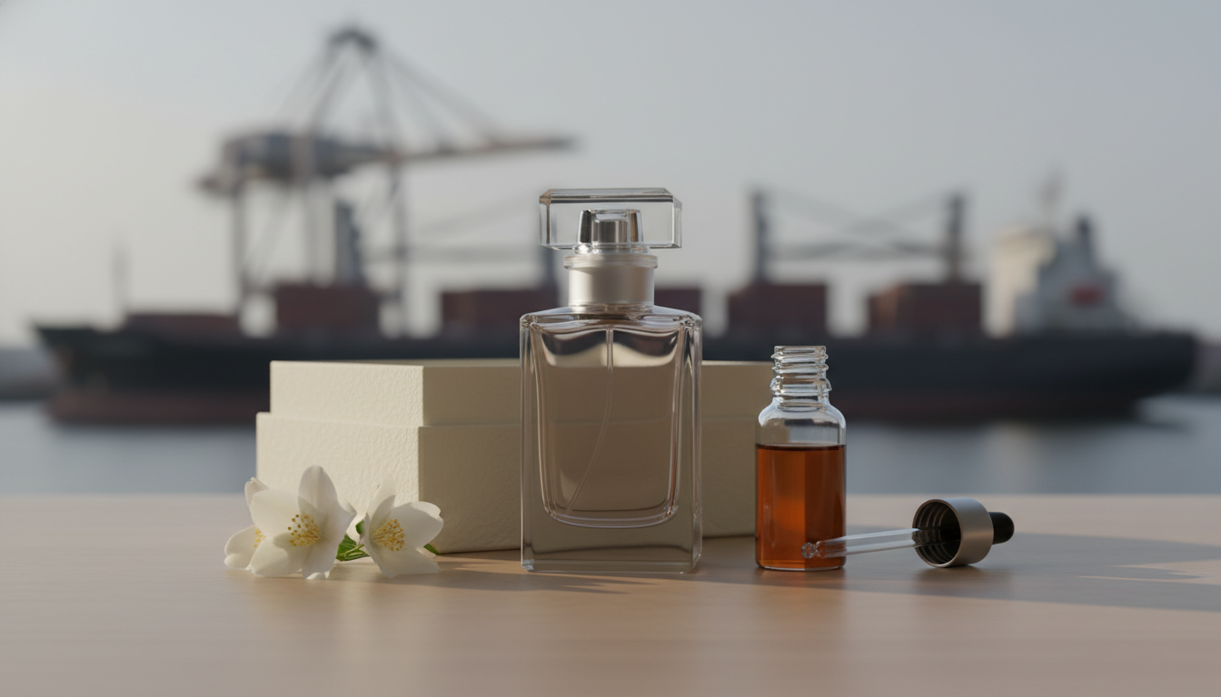 Frasco de perfume sem marca sobre mesa de madeira, com ramo de jasmim, pequeno frasco de óleo âmbar com pipeta e caixa de embalagem parcialmente aberta; ao fundo, silhueta desfocada de navio de carga.