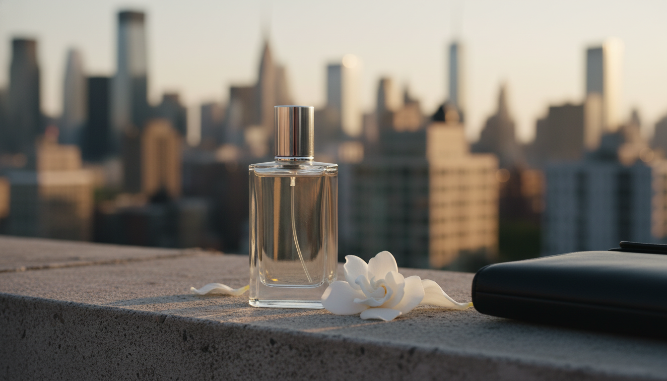 Garrafa de perfume sem marca sobre parapeito de concreto com o skyline de Manhattan desfocado ao fundo ao pôr do sol e pétalas brancas ao lado.