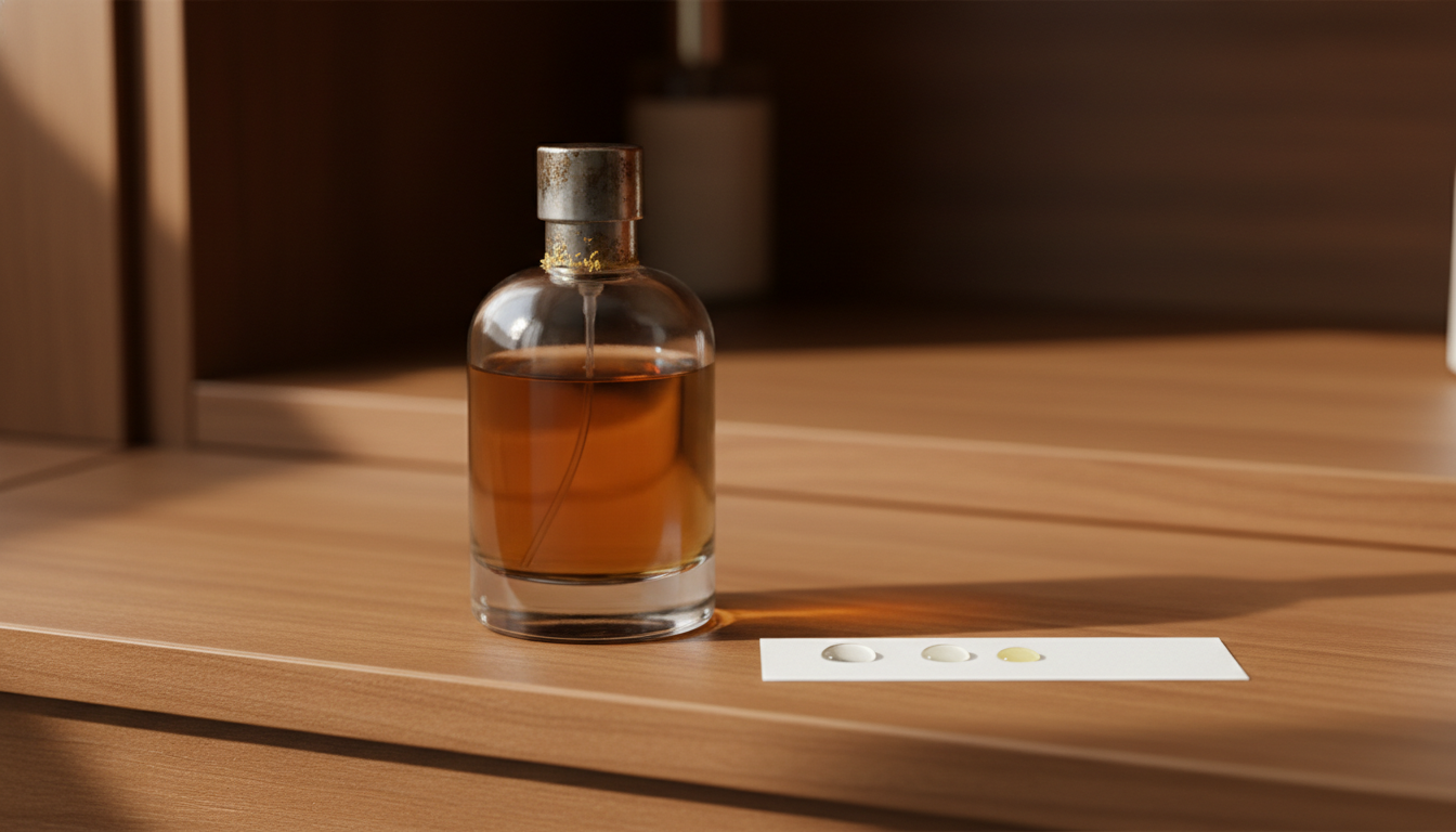 Frasco de perfume em vidro com líquido levemente escurecido sobre superfície de madeira, ao lado de uma tira olfativa com duas gotas (uma clara e outra amarelada), em interior de gaveta escura e desfocado.