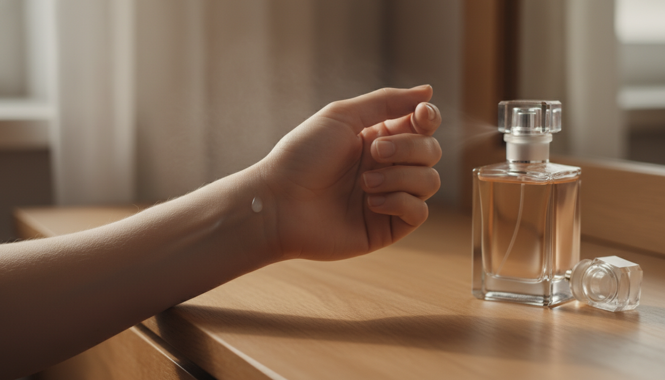 Close-up editorial de um pulso interno com uma pequena gota de perfume visível e um frasco de vidro apoiado sobre uma superfície de madeira ao lado, luz natural suave.