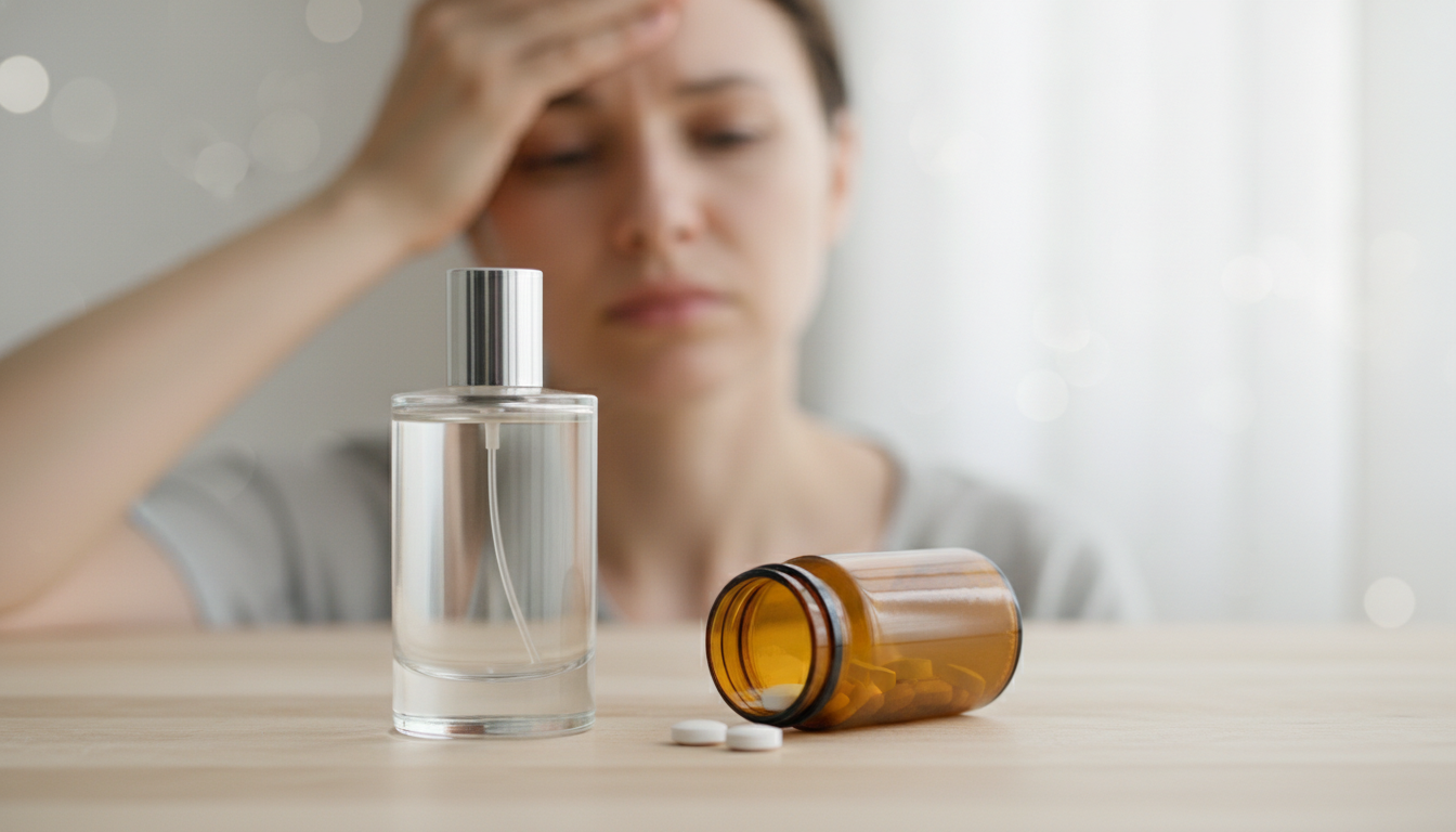 Frasco de perfume em uma mesa com um frasco âmbar de analgésico tombado e dois comprimidos, e uma pessoa desfocada ao fundo tocando a têmpora, iluminado por luz natural.