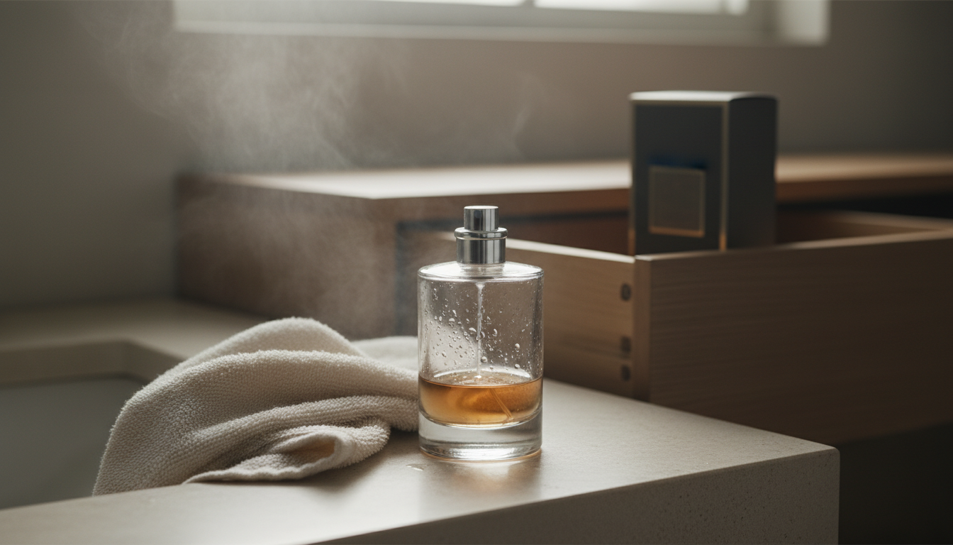 Frasco de perfume sem marca com gotas de condensação sobre bancada de banheiro em primeiro plano; ao fundo desfocado, gaveta parcialmente aberta com outro frasco embalado e protegido.