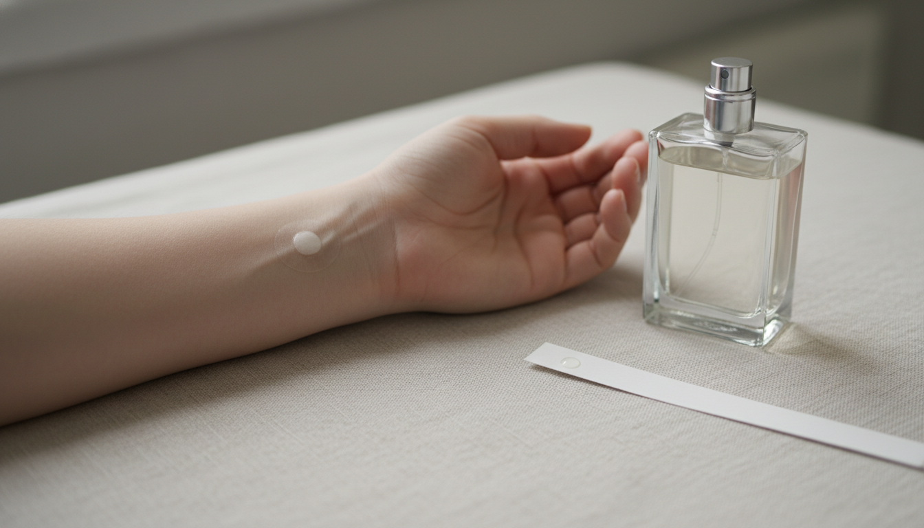 Close-up de antebraço apoiado sobre tecido neutro, com pequeno curativo adesivo no pulso e leve vermelhidão ao redor; frasco de perfume sem marca e uma tira de papel de prova ao lado.