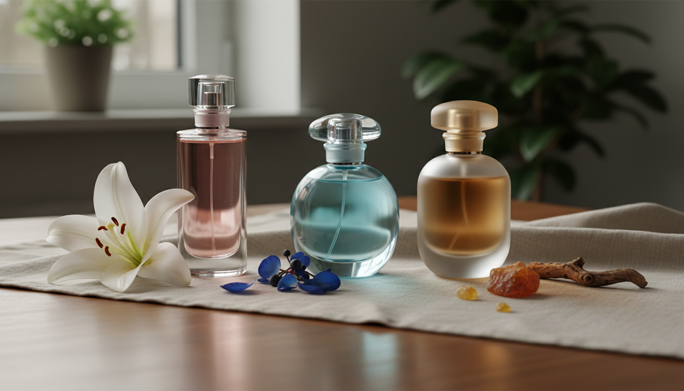 Três frascos de perfume sem rótulos dispostos sobre mesa de madeira e linho, com uma flor de lírio, pétalas azuis e um pedaço de resina âmbar sugerindo diferentes perfis olfativos.
