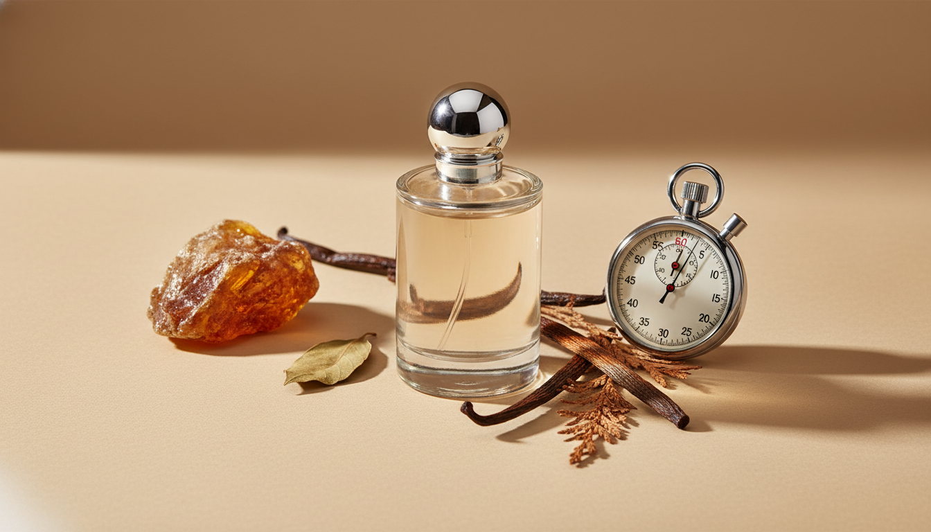 Garrafa de perfume elegante sem rótulo sobre superfície fosca, com resina âmbar, fava de baunilha, ramos de madeira e um cronômetro analógico ao lado, em iluminação natural editorial.