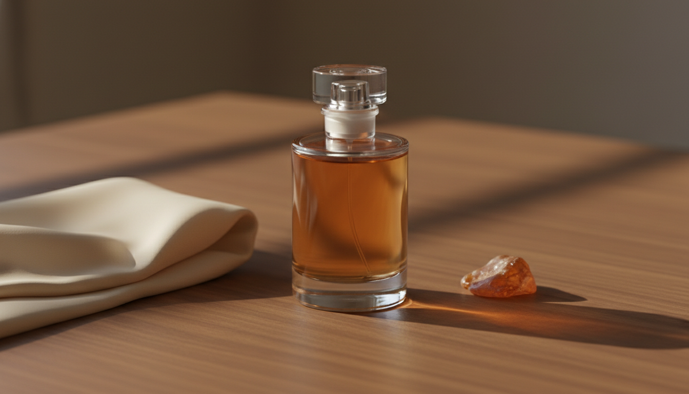 Frasco de perfume sem rótulo sobre superfície de madeira, tecido de seda creme dobrado e pedaço de resina âmbar, iluminação natural editorial.