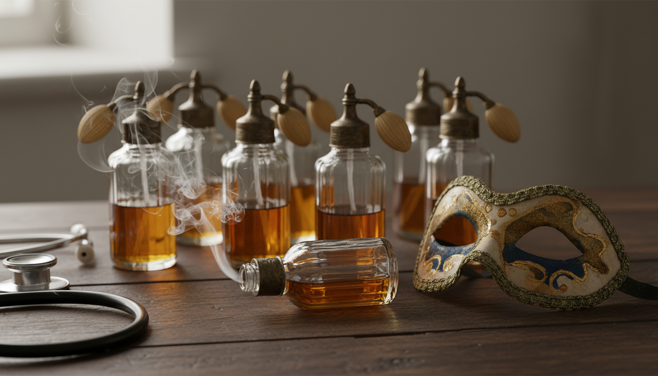 Frascos antigos de lança-perfume sobre mesa de madeira, um tombado com leve vapor, máscara de carnaval envelhecida e estetoscópio parcial ao lado.