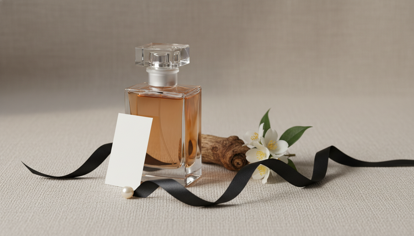 Frasco minimalista de vidro com líquido âmbar sobre linho neutro, acompanhado de raiz de íris seca, um raminho de jasmin, um cartão de teste e um lenço de seda preto com uma pérola.