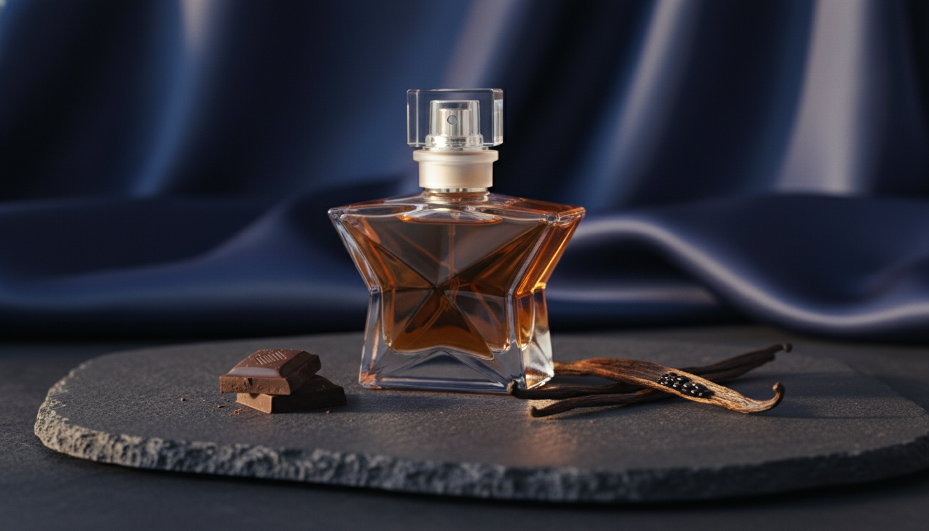 Frasco de perfume em formato de estrela sobre uma pedra escura, cercado por um quadrado de chocolate e uma fava de baunilha, iluminação suave e fundo desfocado.