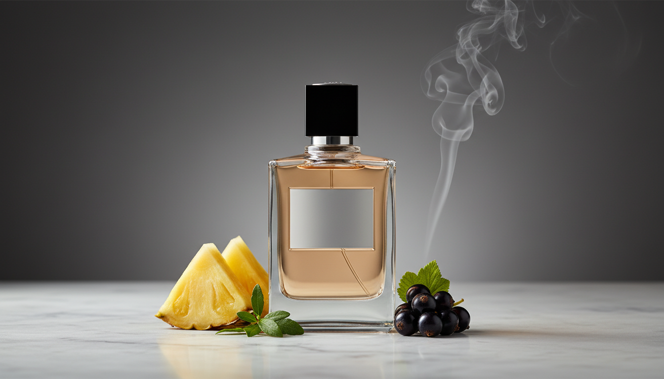 Frasco de perfume premium sem logotipo sobre superfície de mármore, com fatia de abacaxi, groselhas negras, um ramo de musgo e uma leve fumaça ao fundo.