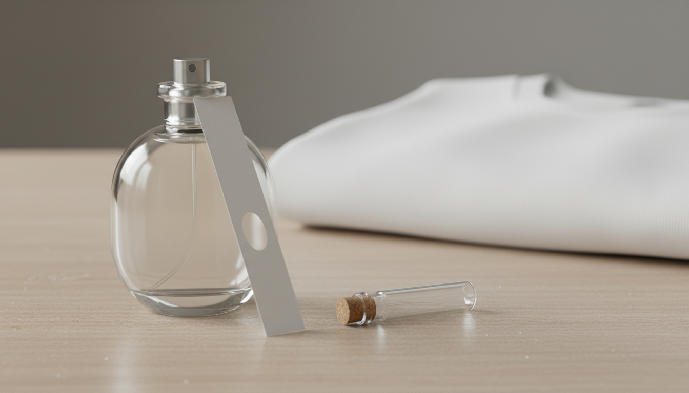 Frasco de perfume transparente e minimalista sobre bancada de madeira clara, com uma tira olfativa levemente borrifada e um pequeno frasco de amostra; fundo desfocado com camiseta branca.