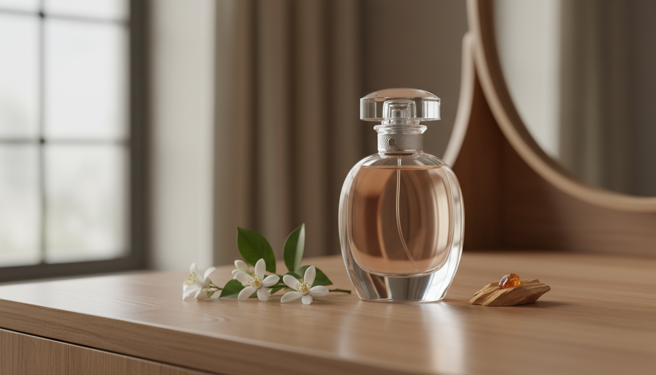 Frasco de perfume sobre penteadeira em luz natural, com flor-de-laranjeira e jasmim ao redor e fragmento de madeira de cedro e âmbar sugerindo as notas olfativas.