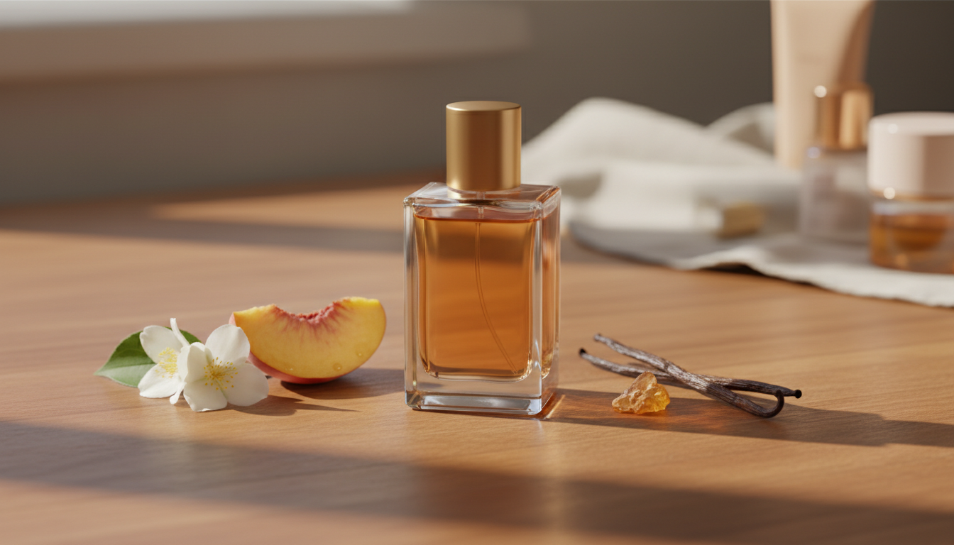 Frasco retangular de perfume com líquido âmbar e tampa dourada sobre penteadeira de madeira, ao lado uma fatia de pêssego, um raminho de jasmim e uma fava de baunilha com pequena resina âmbar; iluminação natural suave.