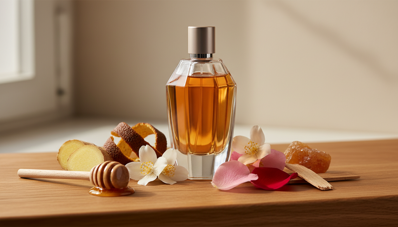Frasco facetado de perfume com líquido âmbar sobre base de mármore, acompanhado de fatia de gengibre, casca de laranja, pétalas de rosa e jasmim, colher com mel, pedaço de âmbar e lasca de sândalo, iluminação natural suave em composição editorial.