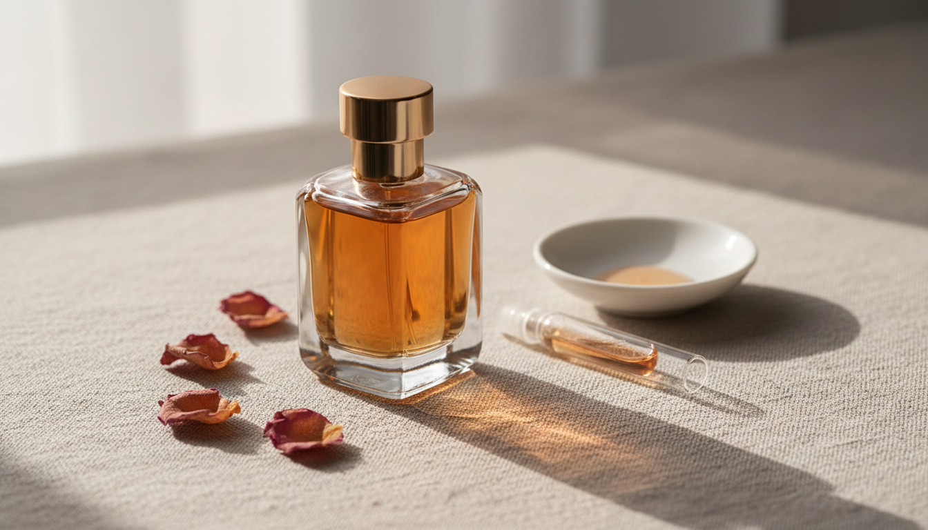 Frasco clássico de perfume com líquido âmbar sobre linho, ao lado de um pequeno frasco de amostra, prato de porcelana com uma gota e pétalas de rosa secas