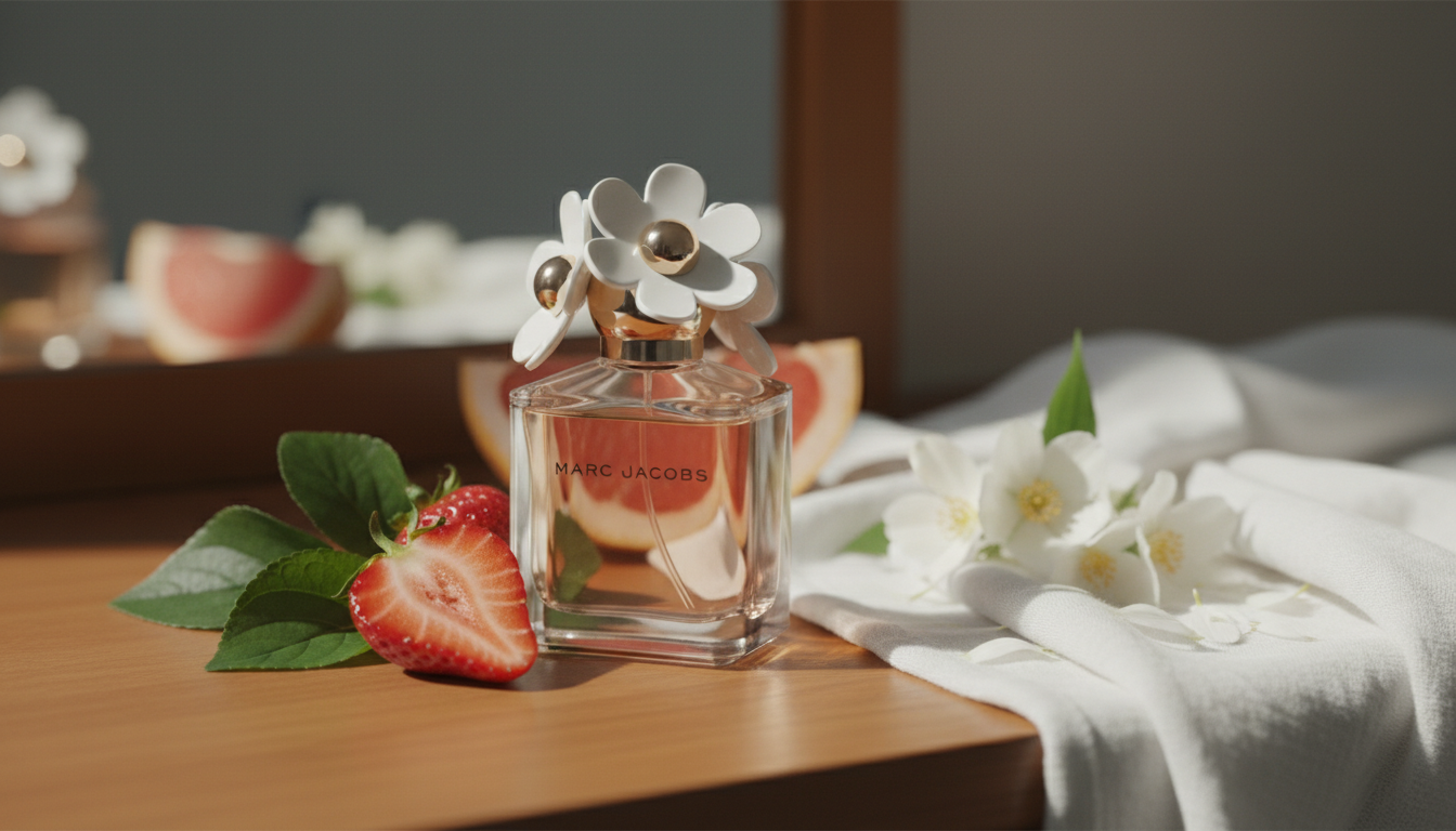 Frasco do perfume Marc Jacobs Daisy sobre penteadeira de madeira com tampa de flores, rodeado por morango cortado, folhas de violeta, fatia de toranja e tecido branco, luz natural suave.