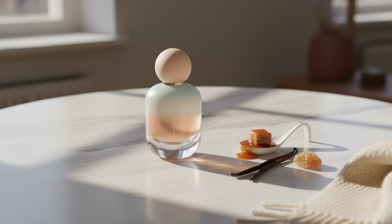 Frasco editorial elegante sem logotipo sobre mesa aquecida, com colher com caramelo, fava de baunilha aberta e pedaço de benjoim, iluminação natural suave.