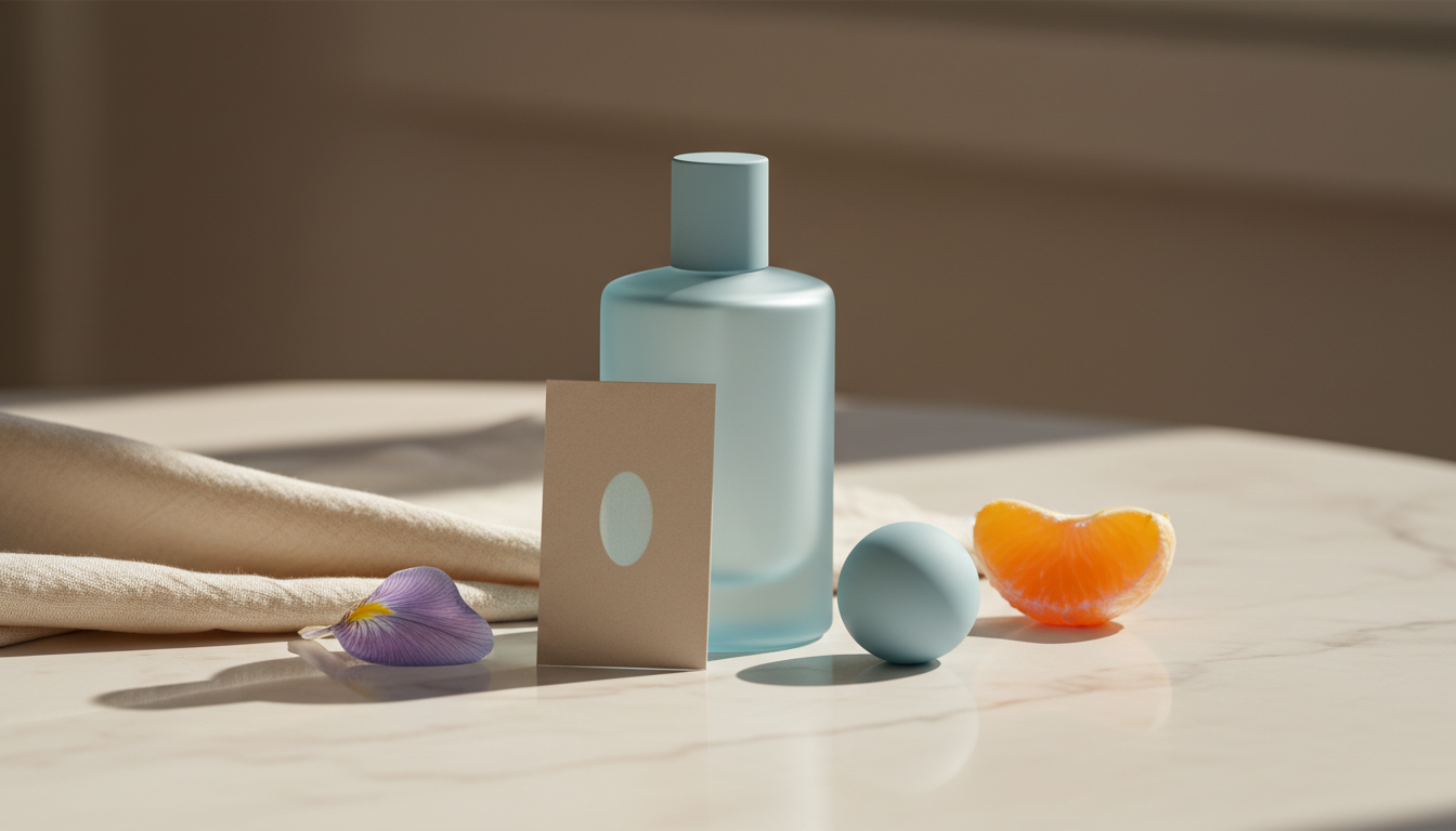 Frasco de perfume azul suave sem marca sobre mesa de mármore, com pétala de íris, fatia de tangerina e blotter em papel branco apoiados ao lado, fotografia editorial com luz natural suave.