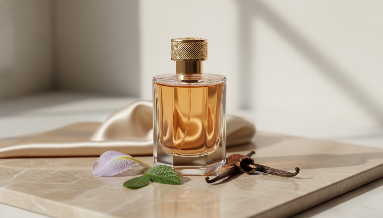 Frasco de perfume facetado sem marca visível com tampa dourada sobre bancada de mármore, ao lado pétala de íris, vagem de baunilha e folha de patchouli