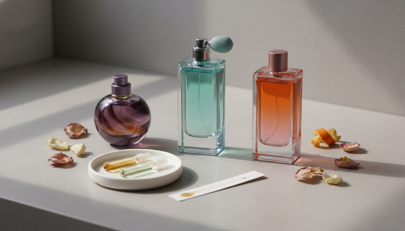 Arranjo editorial de frascos de perfume sobre bancada de pedra; um frasco com tampa removida, miniaturas numa bandeja, tirinha de teste levemente manchada, pétalas secas e casca cítrica.