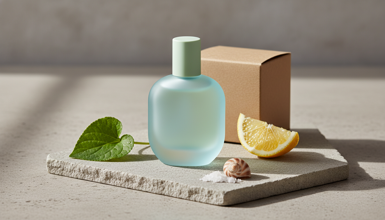Frasco de perfume fosco sobre bancada de pedra, com fatia de limão, folha verde, concha pequena e caixa de papel kraft ao redor, iluminação natural suave.