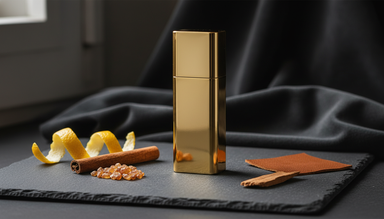 Frasco Em Formato De Barra De Ouro Apoiado Em Ardósia Escura, Com Casca De Limão, Canela, Pedaço De Madeira E Resina Âmbar Em Torno, Fotografia Editorial.