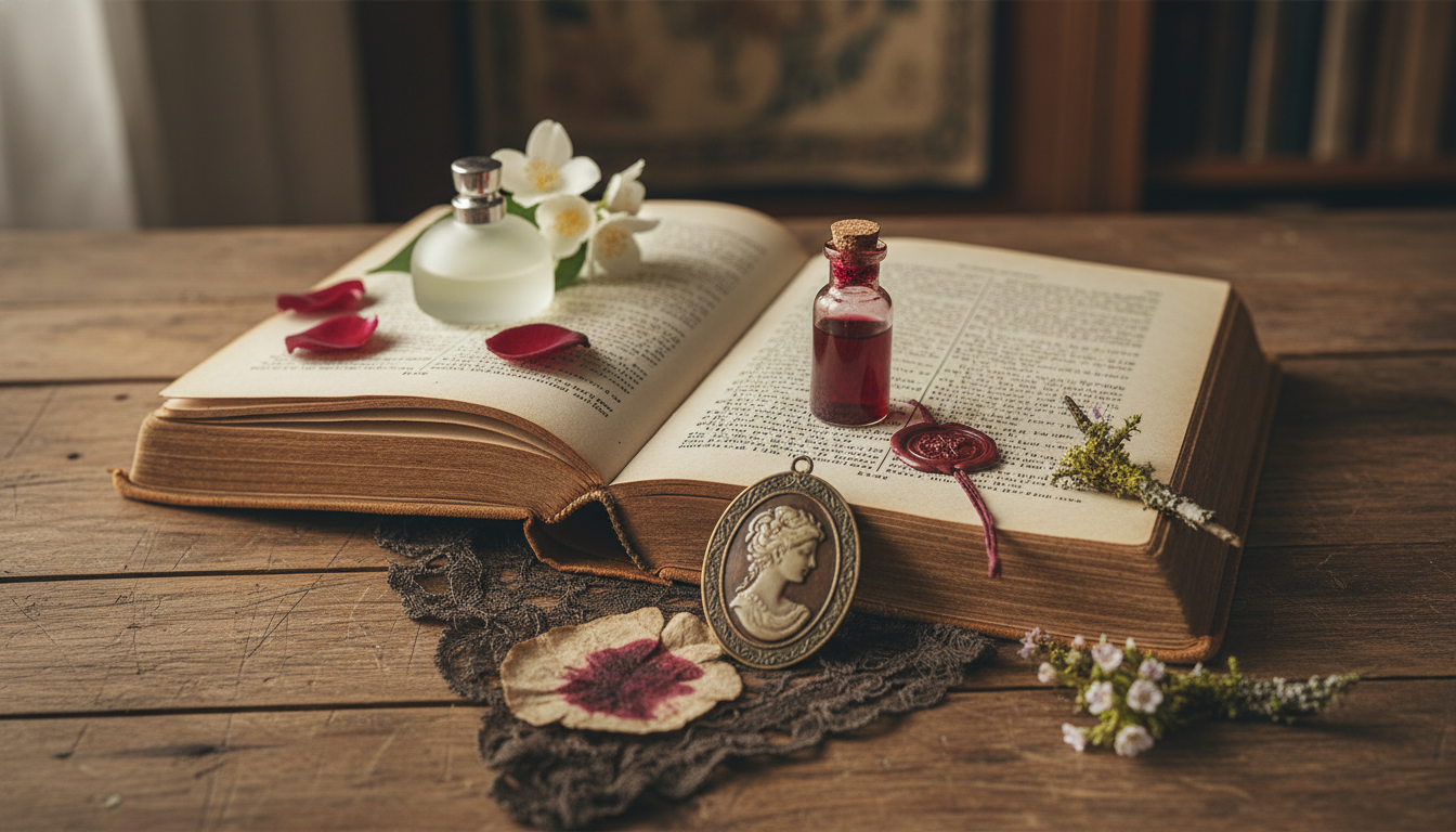 Livro Antigo Aberto Sobre Mesa De Madeira Com Um Frasco De Perfume Fosco Adornado Por Raminho De Jasmim E Pétalas De Rosa, Um Pequeno Frasco Vedado Com Líquido Vermelho E Um Medalhão Antigo Sobre Renda Com Mancha Vermelha Sutil; Um Galho Com Musgo Completa A Cena, Iluminação Natural Suave.