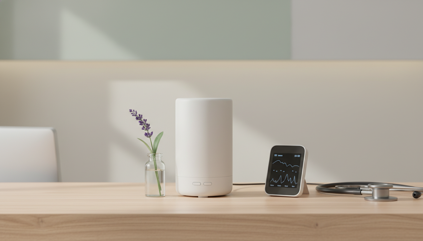 Balcão De Recepção De Clínica Com Difusor Elétrico Profissional, Frasco De Vidro Com Ramo De Lavanda E Monitor Portátil De Qualidade Do Ar, Fotografia Editorial Realista.