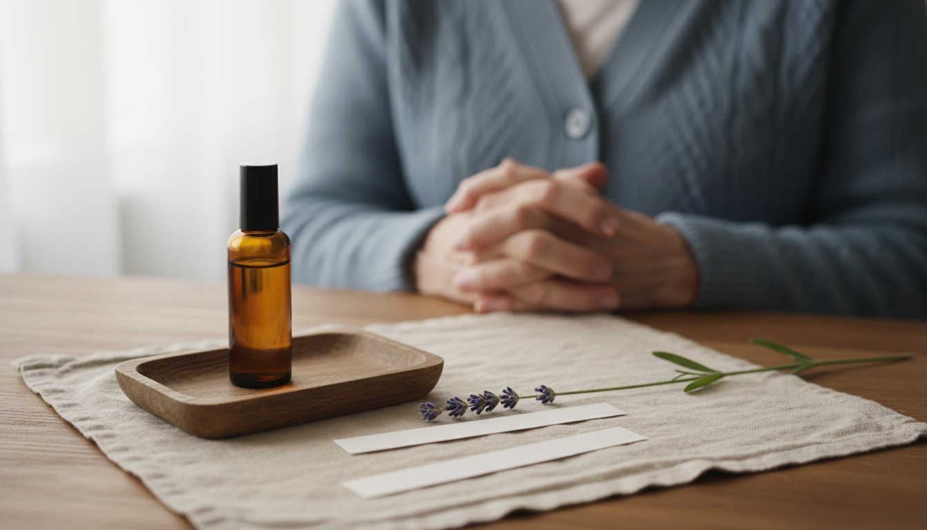 Bandeja De Madeira Com Frasco Roll‑On Âmbar, Duas Tiras De Teste De Perfume E Um Raminho De Lavanda Sobre Pano De Linho; Ao Fundo Desfocado, O Torso E As Mãos De Uma Pessoa Idosa.
