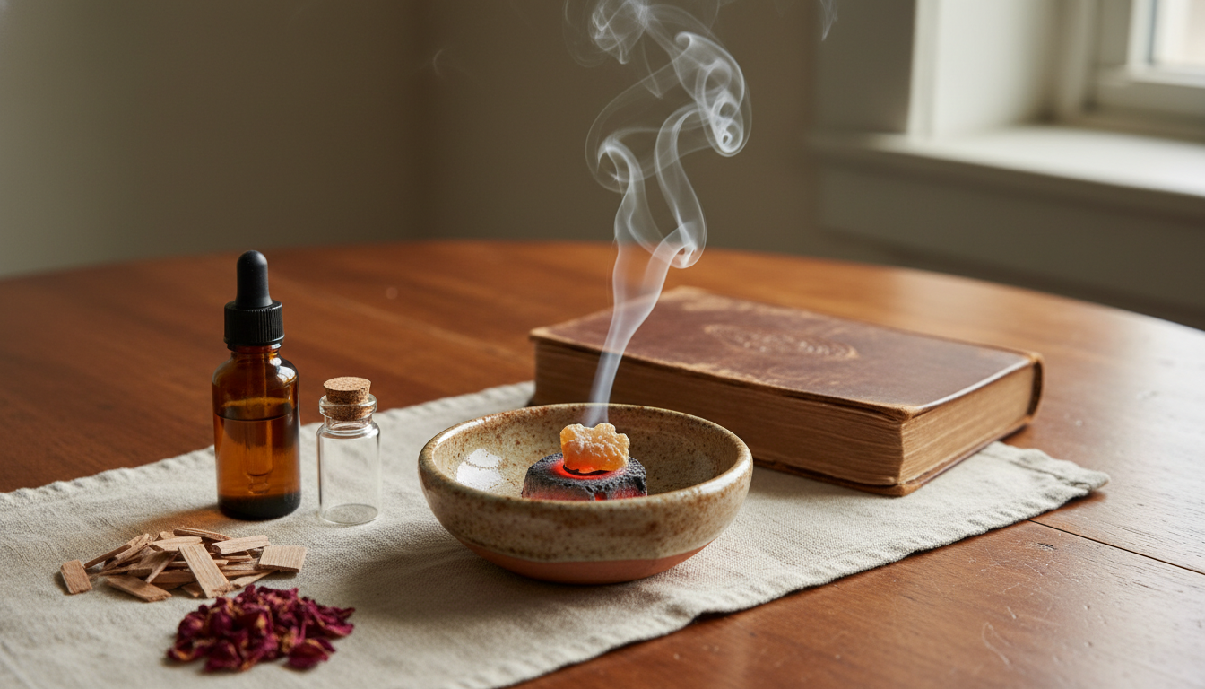 Incensário Cerâmico Com Carvão E Resina Fumegante, Frascos Âmbar, Chips De Sândalo E Pétalas De Rosa Secas Sobre Um Pequeno Altar De Madeira.