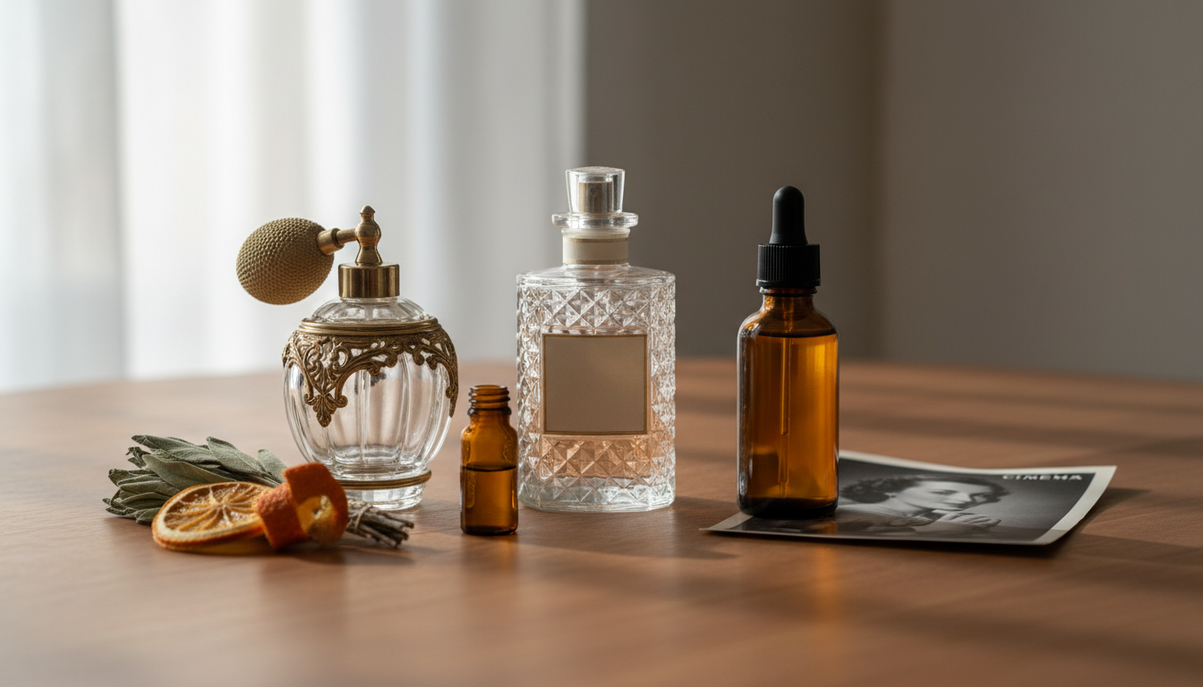 Três Frascos De Perfume Dispostos Em Sequência Sobre Mesa De Madeira: Um Atomizador Vintage, Um Frasco Mid-Century E Um Frasco Âmbar Minimalista; Ao Redor, Plantas Secas, Um Pequeno Frasco De Laboratório Âmbar E Uma Foto Preto E Branco Parcialmente Visível.