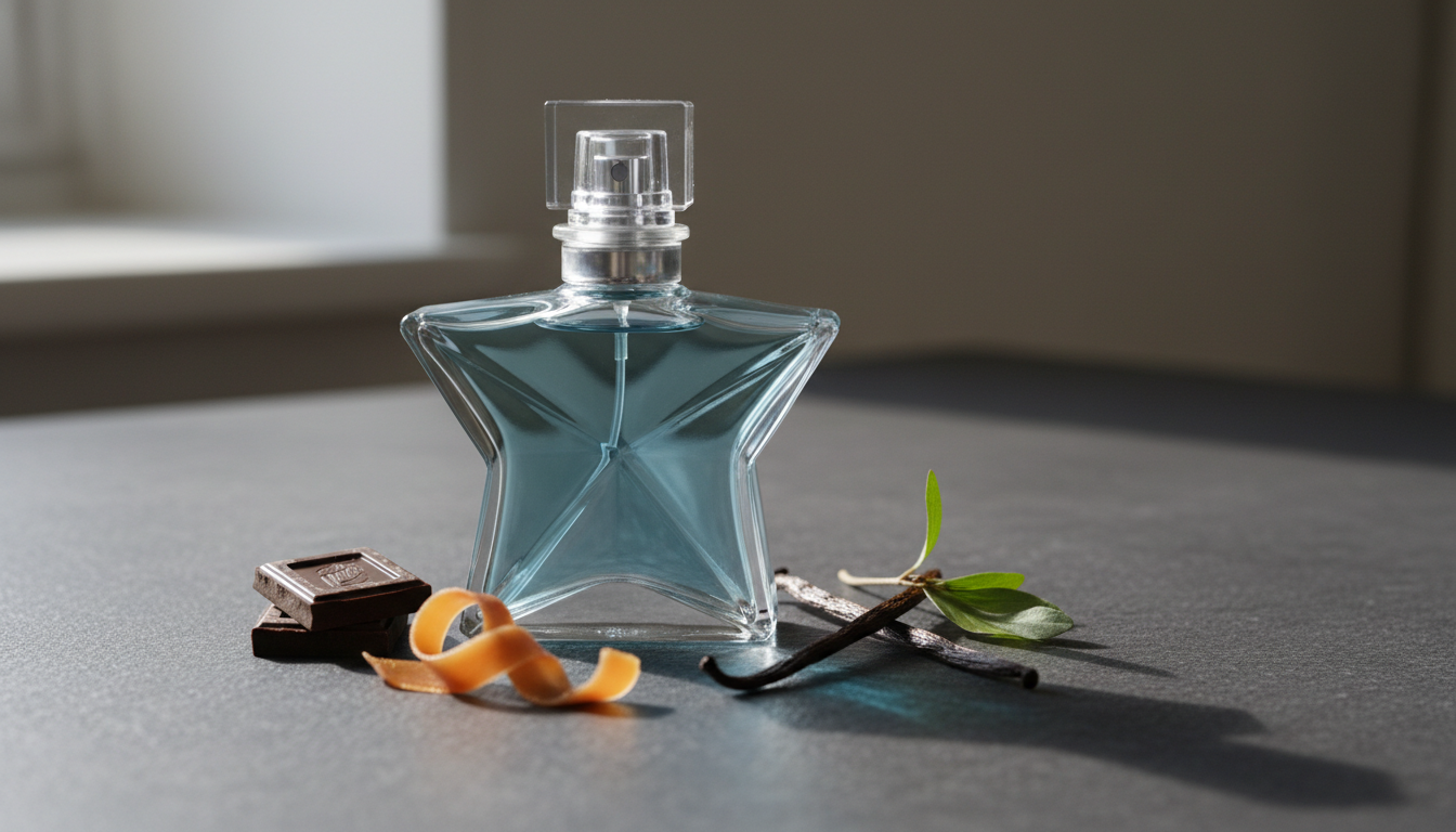 Close Do Frasco Em Formato De Estrela Sobre Superfície Texturizada, Com Pedaço De Chocolate, Fita De Caramelo, Vagem De Baunilha E Ramo De Patchouli Seco Ao Lado.