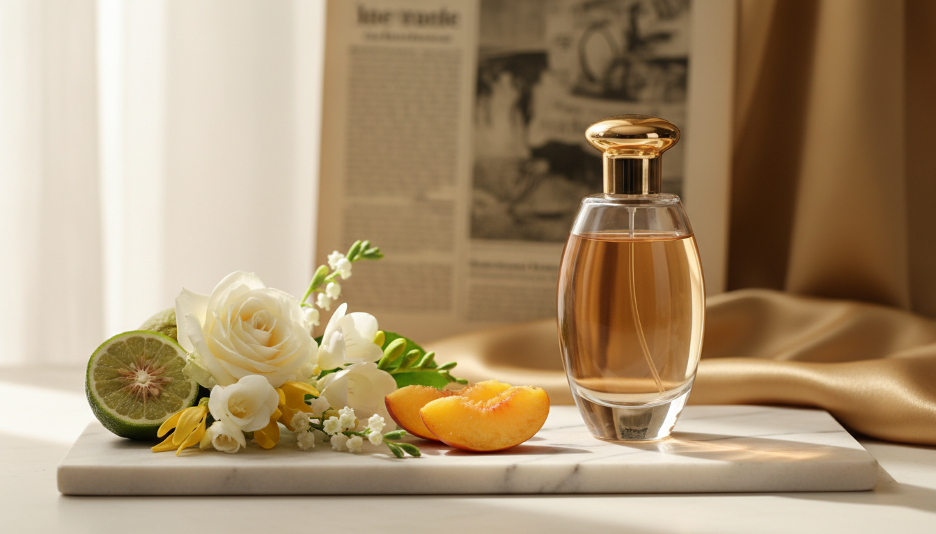 Frasco Elegante Sem Rótulo Em Forma De Ânfora Com Tampa Dourada Sobre Base De Mármore, Rodeado Por Flores (Rosa, Frésia, Lírio-Do-Vale, Ylang-Ylang), Fatias De Pêssego E Meio Bergamota, Com Tecido De Seda Dourada E Página De Revista Antiga Desfocada Ao Fundo.