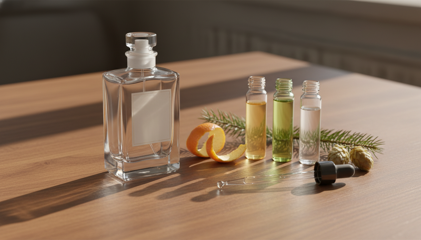 Natureza-Morta Editorial Com Frasco Clássico De Colônia Sem Rótulo Sobre Mesa De Madeira, Frascos Âmbar, Pipeta Com Gota, Casca De Cítrico E Raminho De Abeto.
