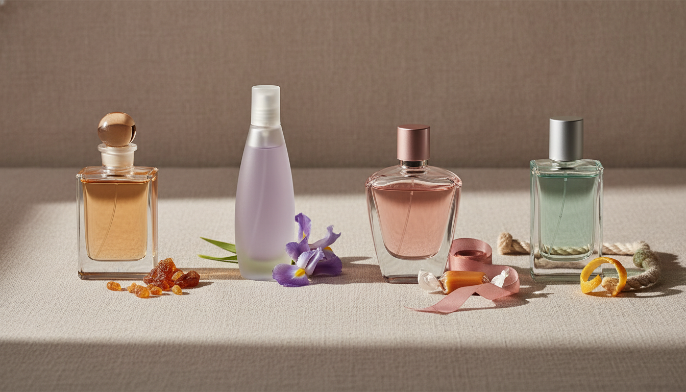 Quatro Frascos Estilizados De Perfume Dispostos Em Sequência Sobre Linho, Com Resina Âmbar, Pétalas De Íris, Doce Caramelo E Casca De Cítrico Indicando As Notas Olfativas.