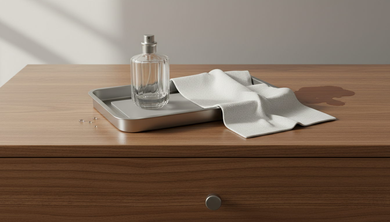 Frasco De Perfume Sobre Bandeja Não Porosa Em Cima De Tampo De Madeira Com Pequena Mancha De Líquido E Pano Branco Apoiado Para Absorver