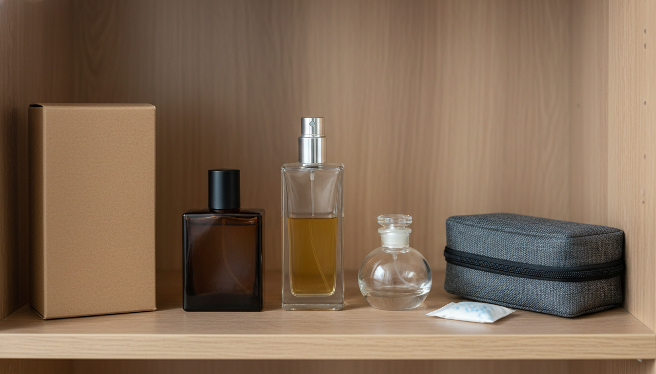 Prateleira De Armário Com Três Frascos De Perfume Em Pé, Um Frasco Escuro, Um Frasco Claro Com Líquido Levemente Escurecido E Caixa De Perfume Aberta Ao Lado, Em Luz Natural Difusa.
