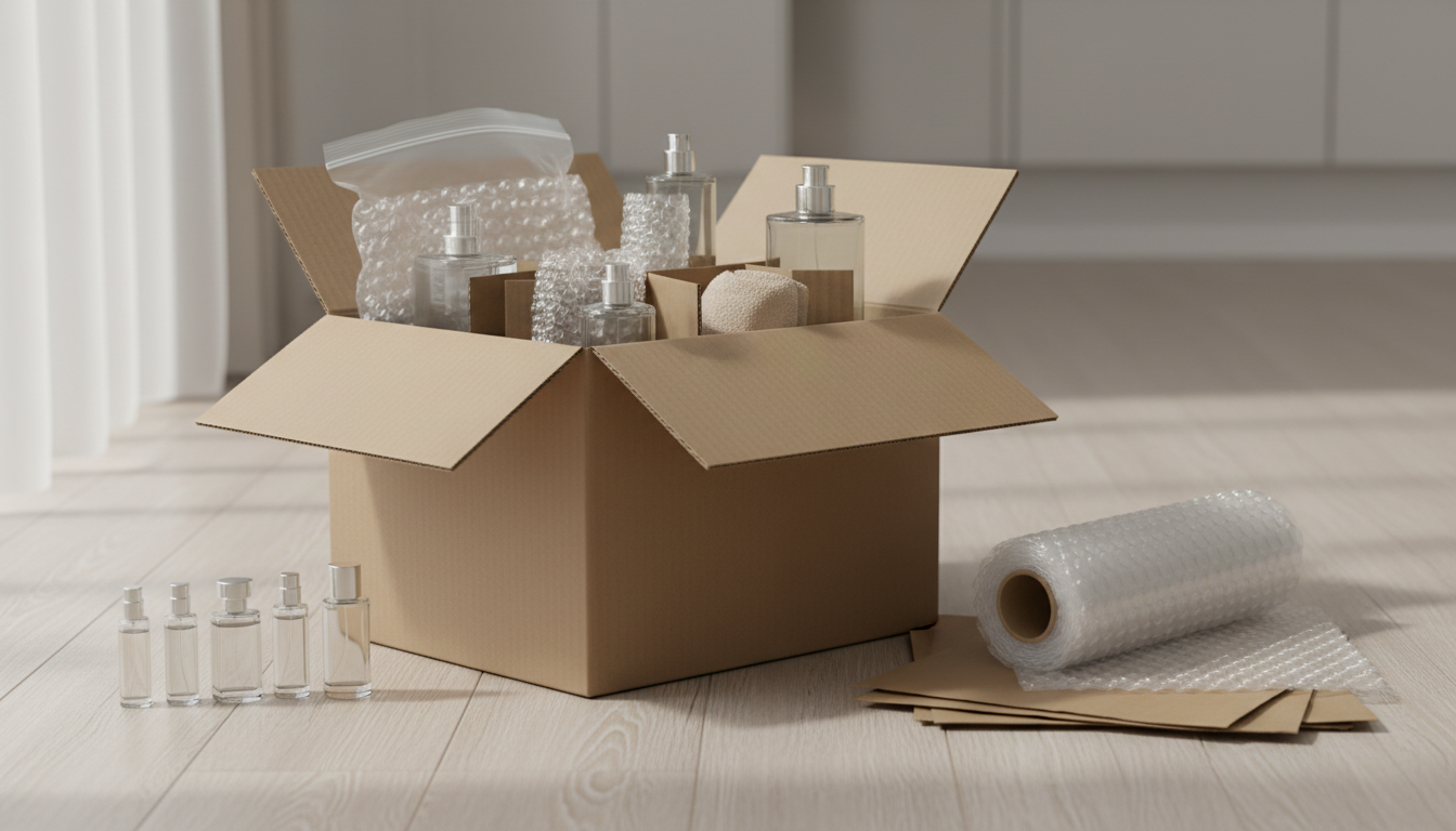 Caixa De Mudança Aberta Com Frascos De Perfume Sem Rótulos Acomodados Em Divisórias, Envoltos Em Plástico-Bolha E Sacos Zip, Com Material De Embalagem Ao Lado.