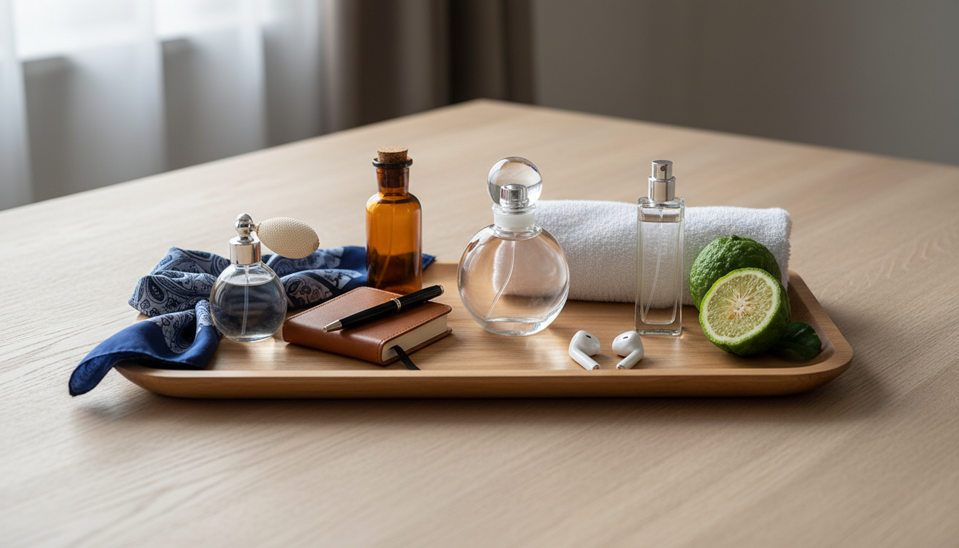 Bandeja De Madeira Central Com Quatro Frascos De Perfume Sem Rótulo, Cada Um Acompanhado Por Um Objeto Representando Ocasião (Lenço De Seda, Caderno De Couro, Toalha De Ginástica Com Fones, Meio Bergamota) Sobre Mesa Com Luz Natural.