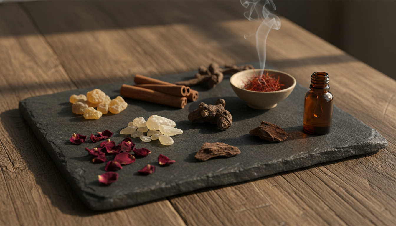 Disposição Editorial De Ingredientes De Perfume Antigo Sobre Uma Placa De Pedra Escura: Pedaços De Mirra, Lágrimas De Olíbano, Paus De Canela, Fios De Açafrão Em Um Pequeno Pote, Nardo Seco, Lasca De Oud, Pétalas De Rosa Secas E Um Frasco Âmbar, Iluminados Por Luz Natural Quente.