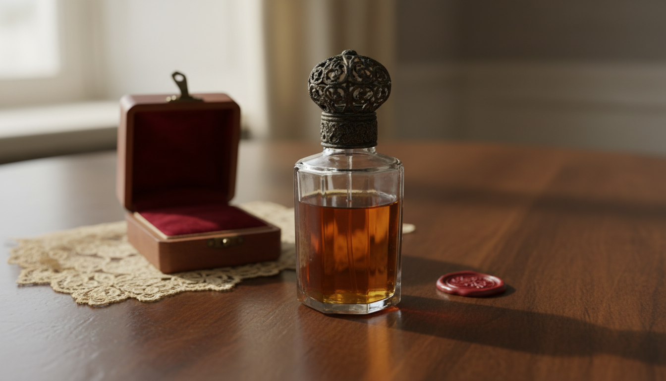 Frasco Antigo De Perfume De Vidro Lapidado Com Líquido Âmbar Sobre Mesa De Madeira, Ao Lado De Caixa Forrada De Veludo, Selo De Cera E Renda Envelhecida, Iluminado Por Luz Suave Lateral.