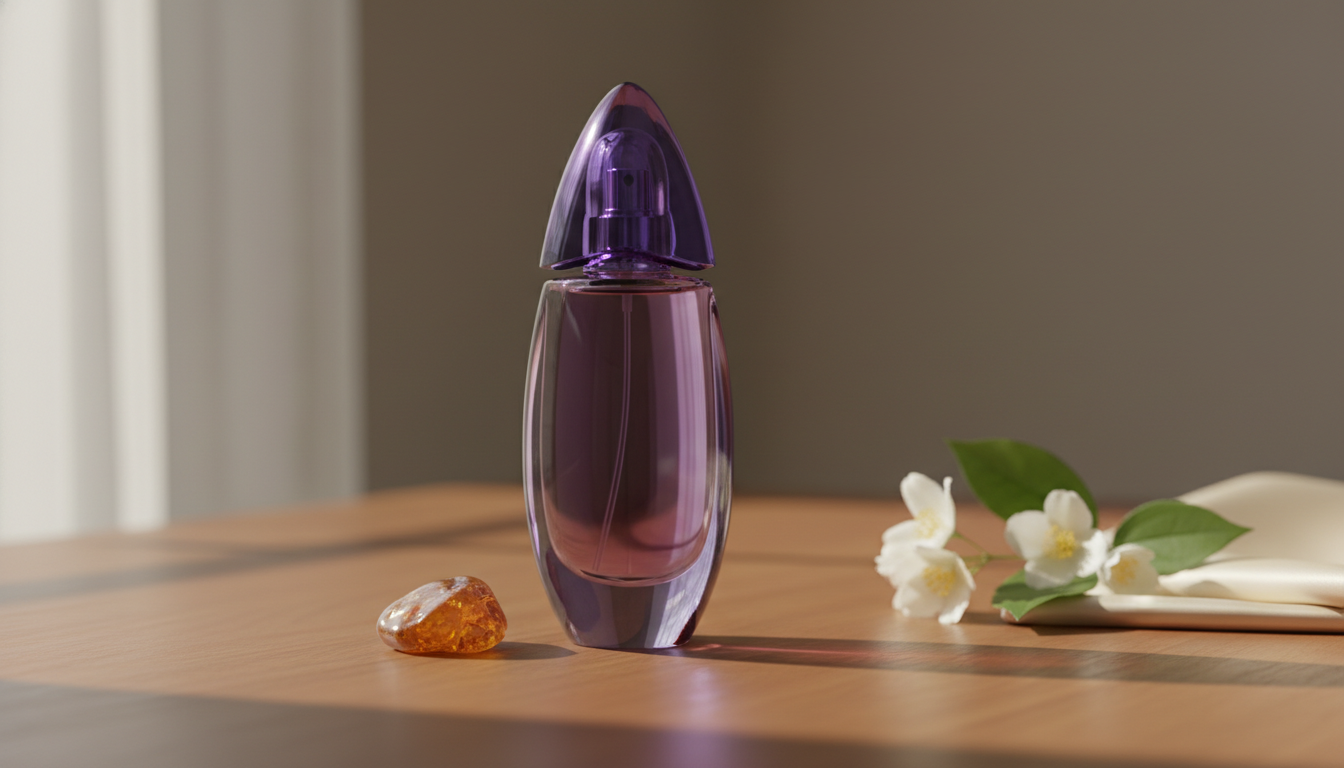 Frasco Violetado Translúcido Sobre Placa De Madeira, Com Um Ramo De Jasmim E Um Pequeno Pedaço De Âmbar Ao Lado, Iluminação Natural Suave.
