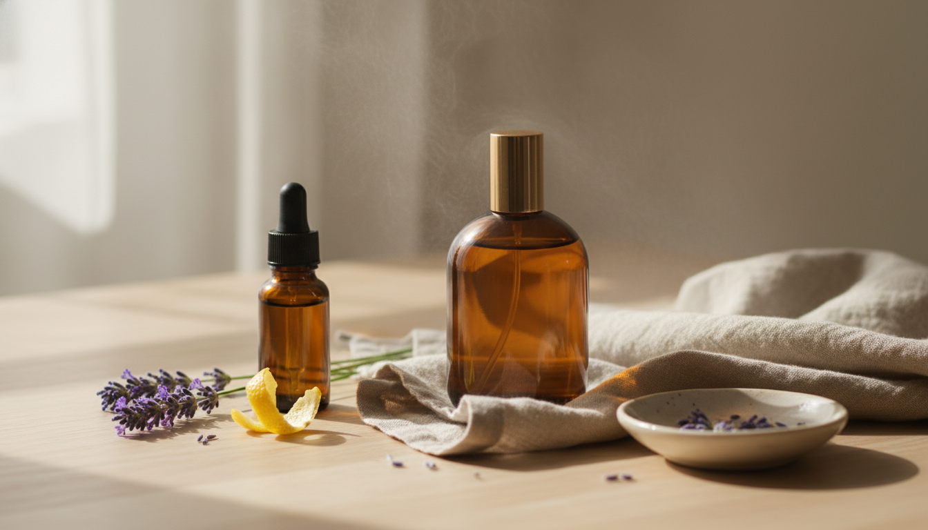 Frasco De Spray Âmbar Sobre Mesa De Madeira Com Frasco Pequeno De Óleo Essencial, Raminho De Lavanda, Casca De Limão E Leve Névoa No Ar.