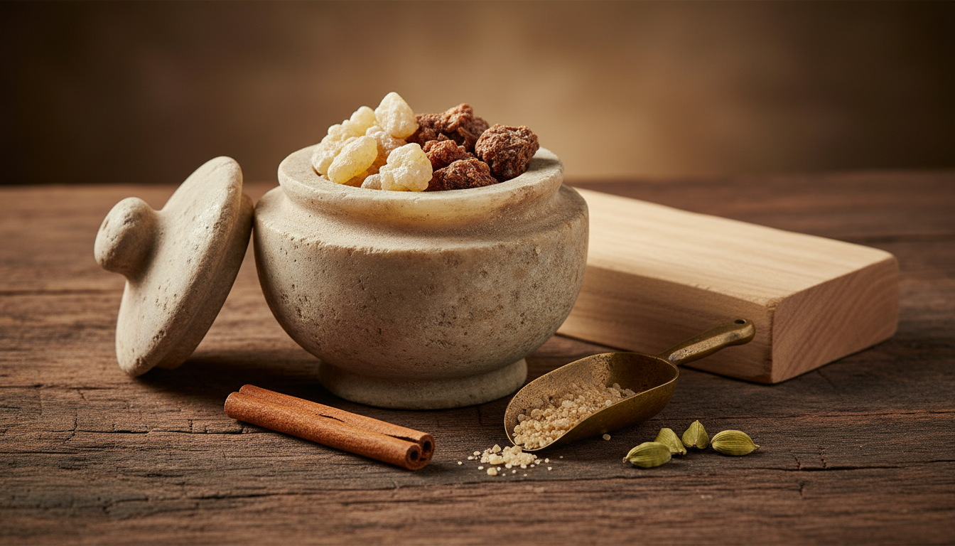 Natureza-Morta Editorial Com Frascos Antigos, Lascas De Olíbano E Mirra, Bloco De Sândalo E Utensílios Sobre Mesa De Madeira.