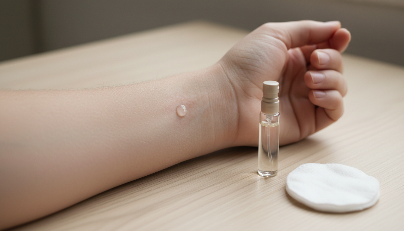 Close-Up De Antebraço Interno Apoiado Sobre Mesa Com Uma Gota De Perfume Na Pele E Uma Miniatura De Amostra Ao Lado, Indicando Teste De Contato Para Pele Sensível.