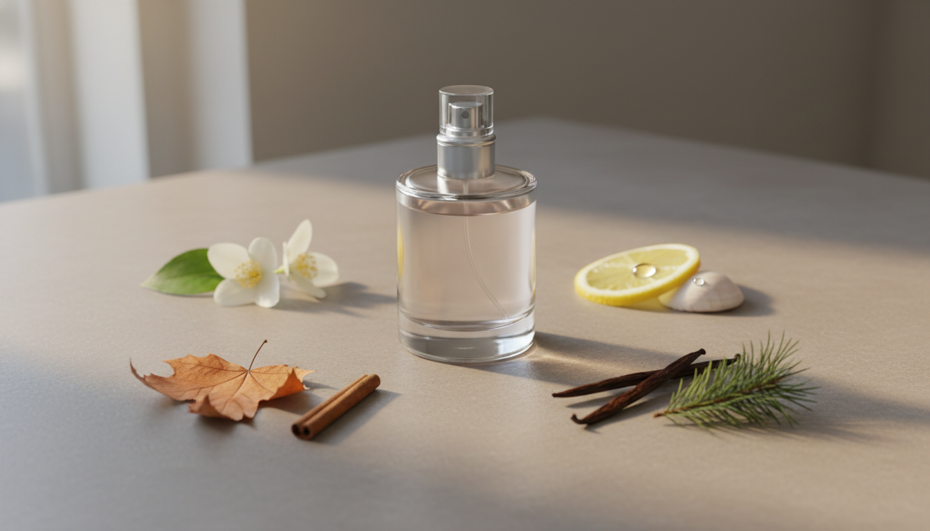 Fotografia Editorial De Um Frasco De Perfume Sem Rótulo Sobre Bancada De Pedra, Cercado Por Pequenos Elementos Que Representam Primavera (Jasmim), Verão (Fatia De Limão E Concha), Outono (Folha Seca E Canela) E Inverno (Fava De Baunilha E Pinha), Iluminação Natural Suave.