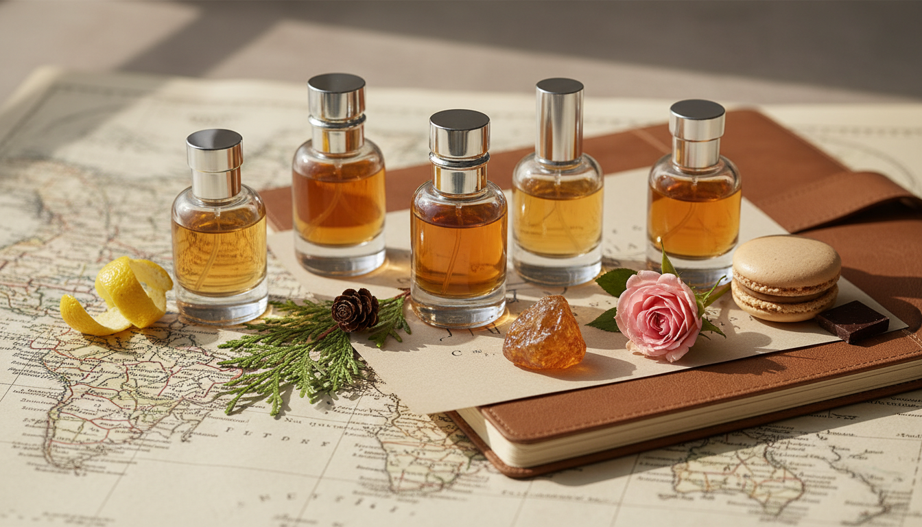 Cinco Frascos Mini De Perfume Sem Rótulo Dispostos Sobre Um Mapa Envelhecido, Cada Um Ao Lado De Um Elemento Sensorial: Casca De Limão, Ramo De Cedro Com Pinha, Pedaço De Resina Âmbar/Incenso, Botão De Rosa Com Orvalho E Um Pequeno Doce; Luz Natural, Estética Editorial.